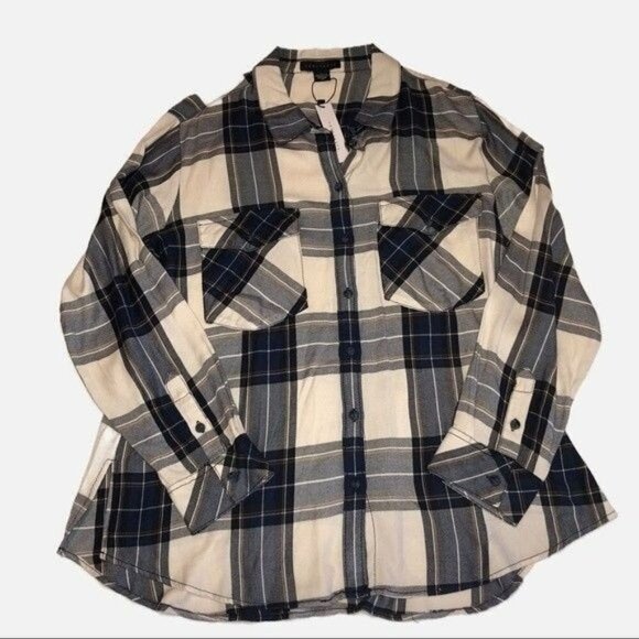 Sanctuary Womens Size L Button Front Tunic Top Blue Cream Plaid Long Sleeve NEW - Picture 1 of 8
